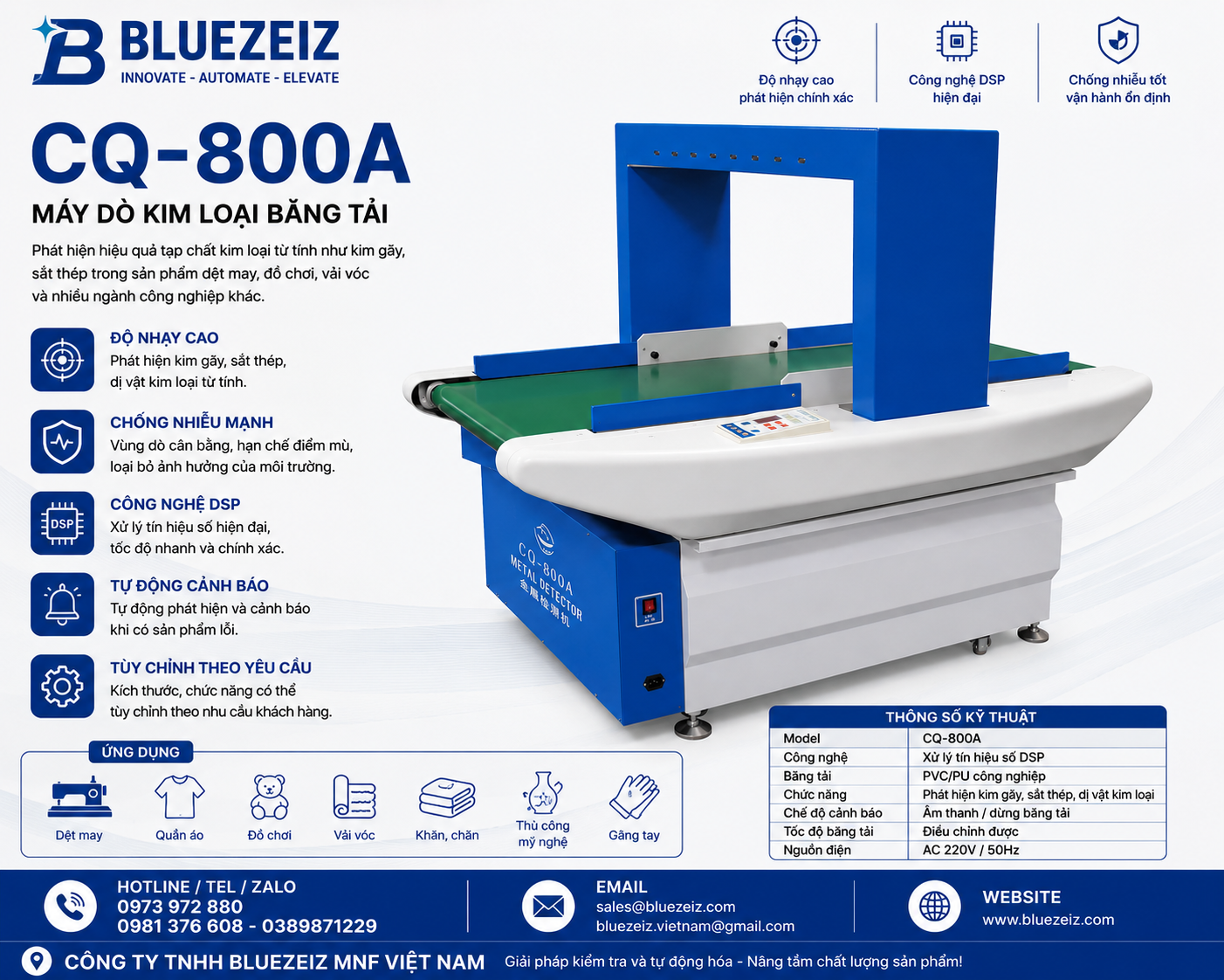 Máy dò kim loại băng tải chuyên dùng CQ-800A